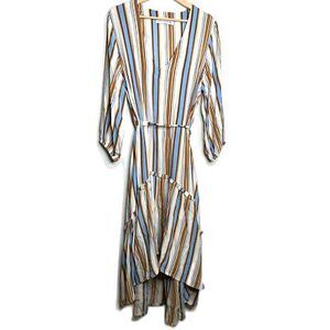 Faithfull The Brand Womens A Line Dress White Blue Striped Belted High Low 6